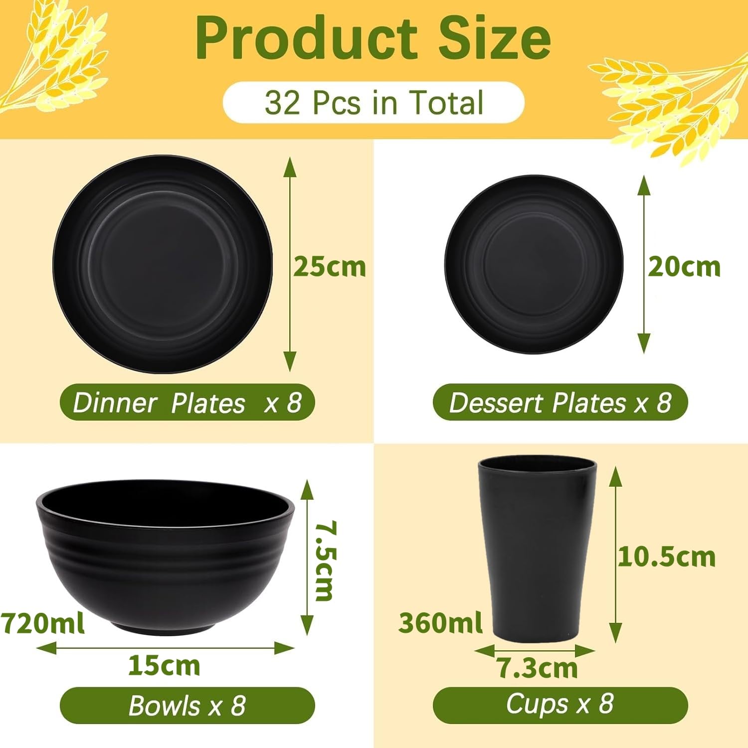 KAHEIGN 32 szt. Plastikowy zestaw zastawy stołowej, 8 zestawów nietłukących się zestawów obiadowych w zestawie 8 talerzy obiadowych 25 cm, 8 talerzy sałatkowych 20 cm, 8 misek 720 ml, 8 szt. kubków