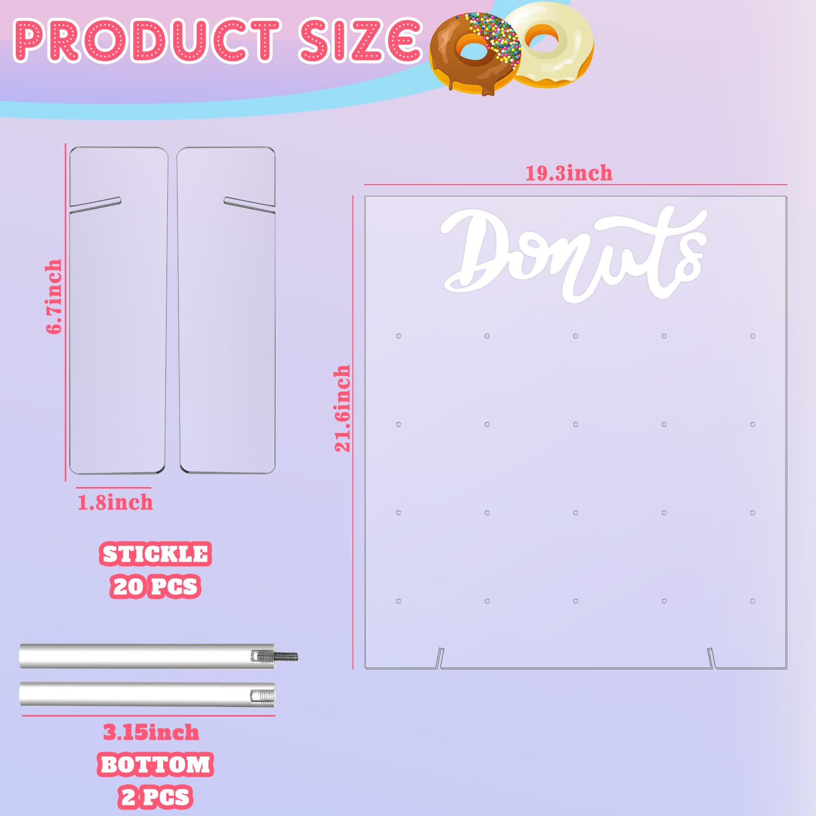 Soporte de exhibición de donas de acrílico reutilizable para 20 clavijas de 17.7 x 15 pulgadas, tablero de donas para mesa de postre, donas, decoración de fiesta de cumpleaños para fiesta de