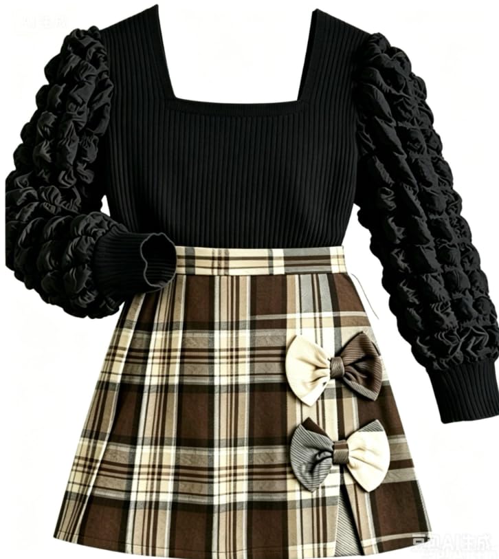 Image of Toddler Girl Clothes Girls Outfits Flare-lace Sleeve Top and Plaid Skirt Dress Fall Winter 2Pcs Girls Clothes 5-12T