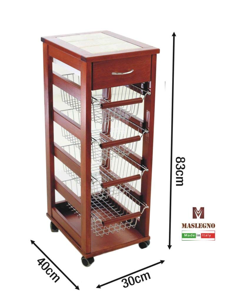 CARRELLO CUCINA LEGNO PER PORTAVERDURA 3 CESTINI CASSETTO PORTAPANE