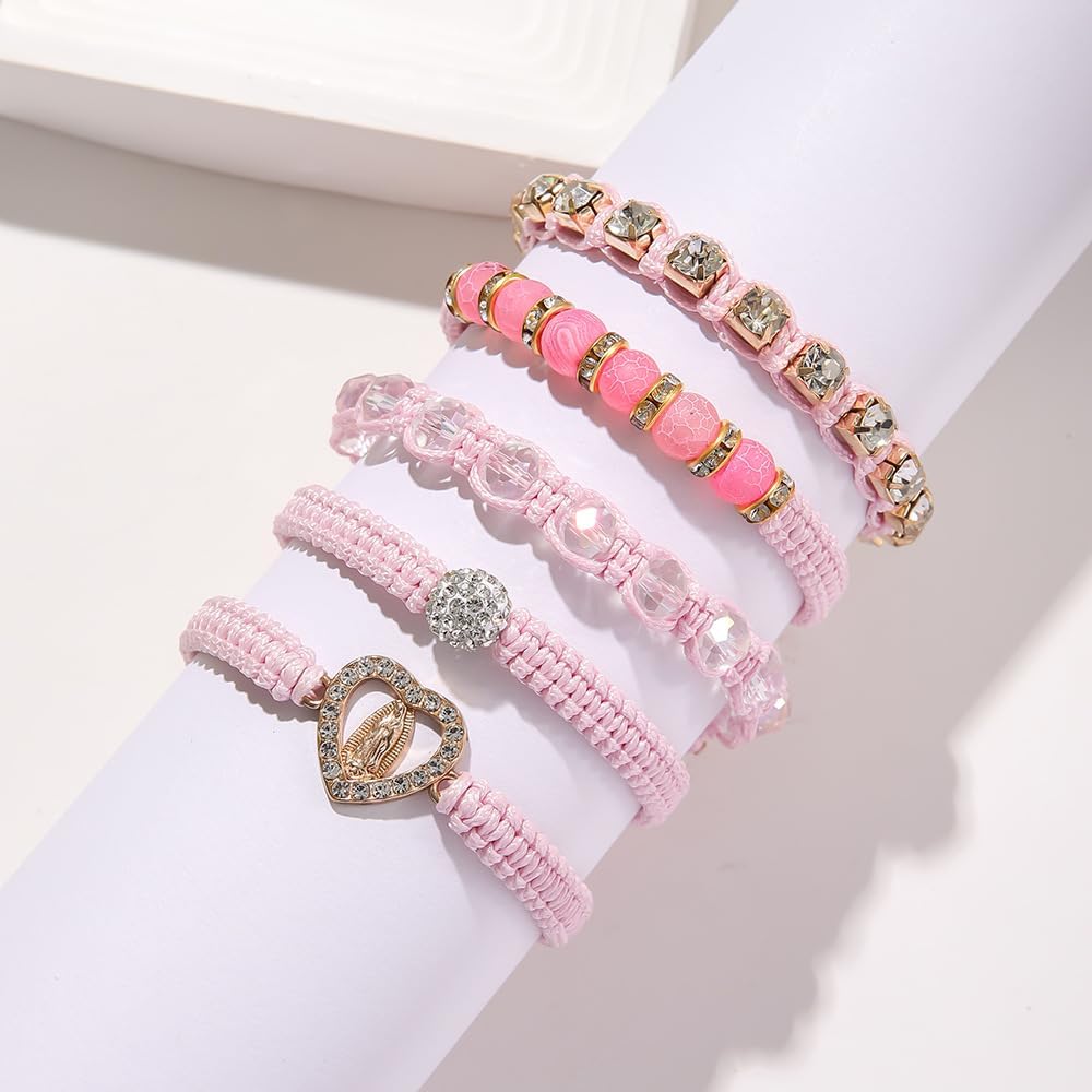 Pink Virgin Mary String Bracelet Set Handmade Mexican Tennis Crystal Boho Bracelets Stack For Women Lucky Friendship Catholic Religious Rosary - Image 2
