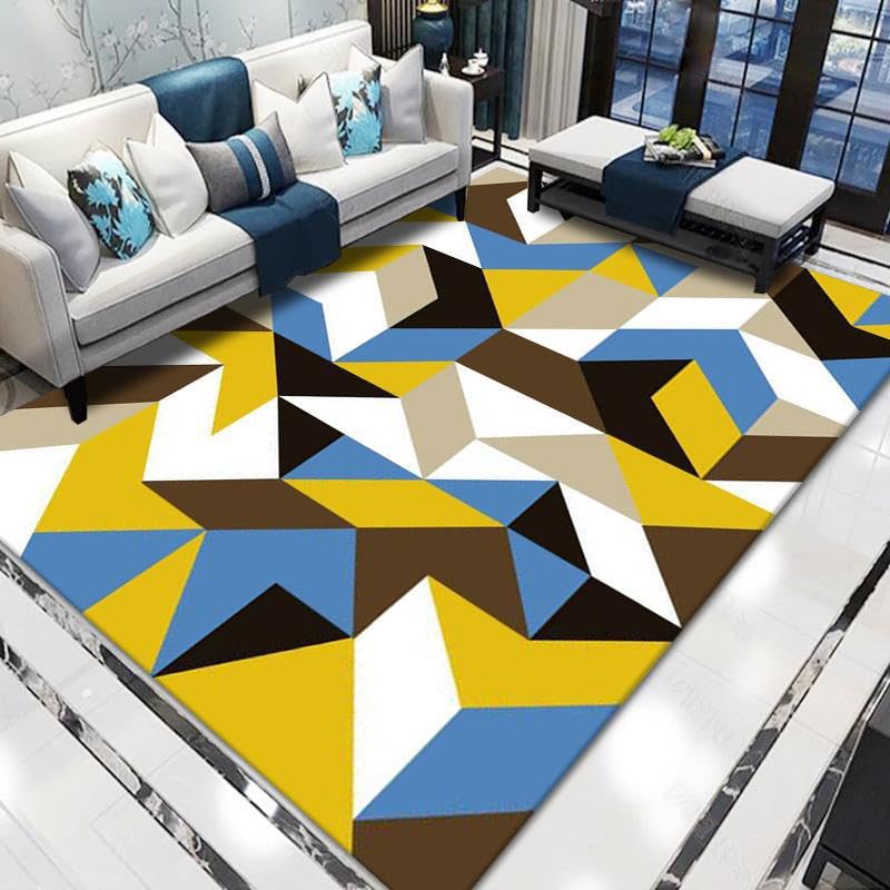 Tapis salon géométrie bleu jaune idéal pour dynamiser le décor d'une chambre d'enfant
