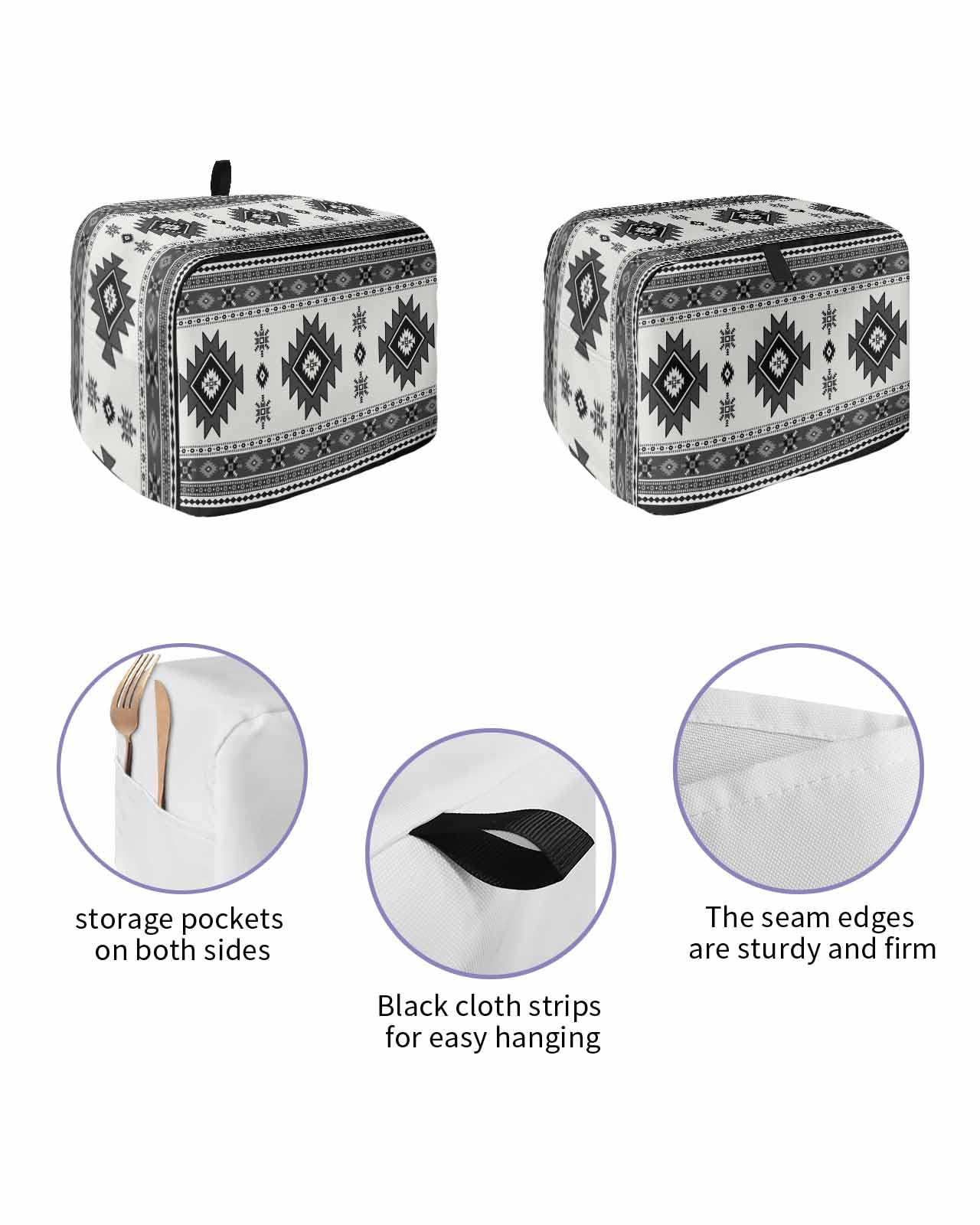 Gray Boho Toaster Cover 2 Slice, Southwest Aztec Country Geometric Aesthetic Dustproof Bread Machine Oven Cover with Storage Pockets, Fits Most Kitchen Toasters Protector