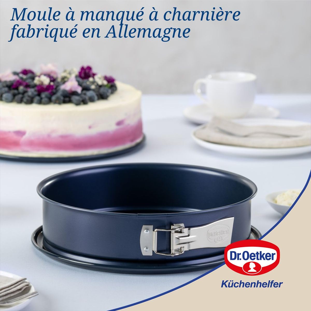 Dr.Oetker 1100 Moule à manqué à charnière de 26 cm étanche, Moule à charnière Fond en émail renforcé, Acier, Email, Bleu, 26 cm