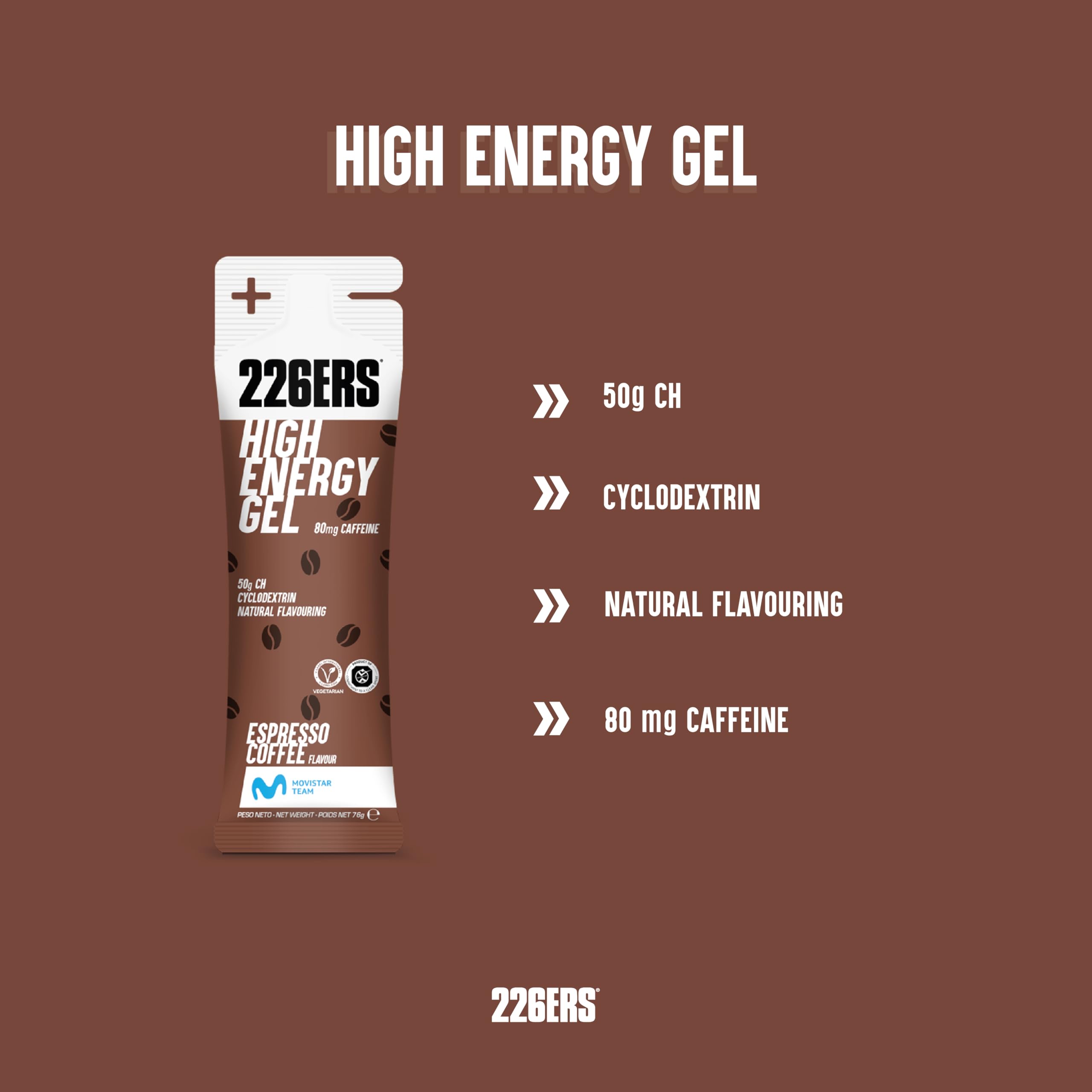 226ERS High Energy Gels | Geles Energéticos con 50g de Ciclodextrina como Hidrato y 80 mg de Cafeína, Vegano, Café Expresso - 1 Gel