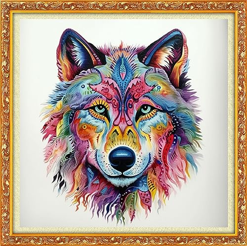 Image of Foxhool Beginners Cross Stitch Kits Stamped Full Range of Embroidery Kits for Adults DIY Cross Stitches kit Embroidery Patterns for Needlepoint kit-Colorful Wolf 17.7x17.7 inch
