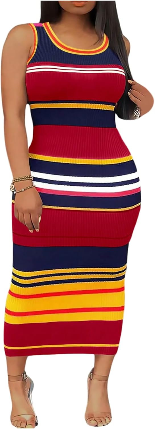 Floerns Women's Plus Size Striped Color Block Midi Dress Summer Sleeveless Scoop Neck Vacation Dresses