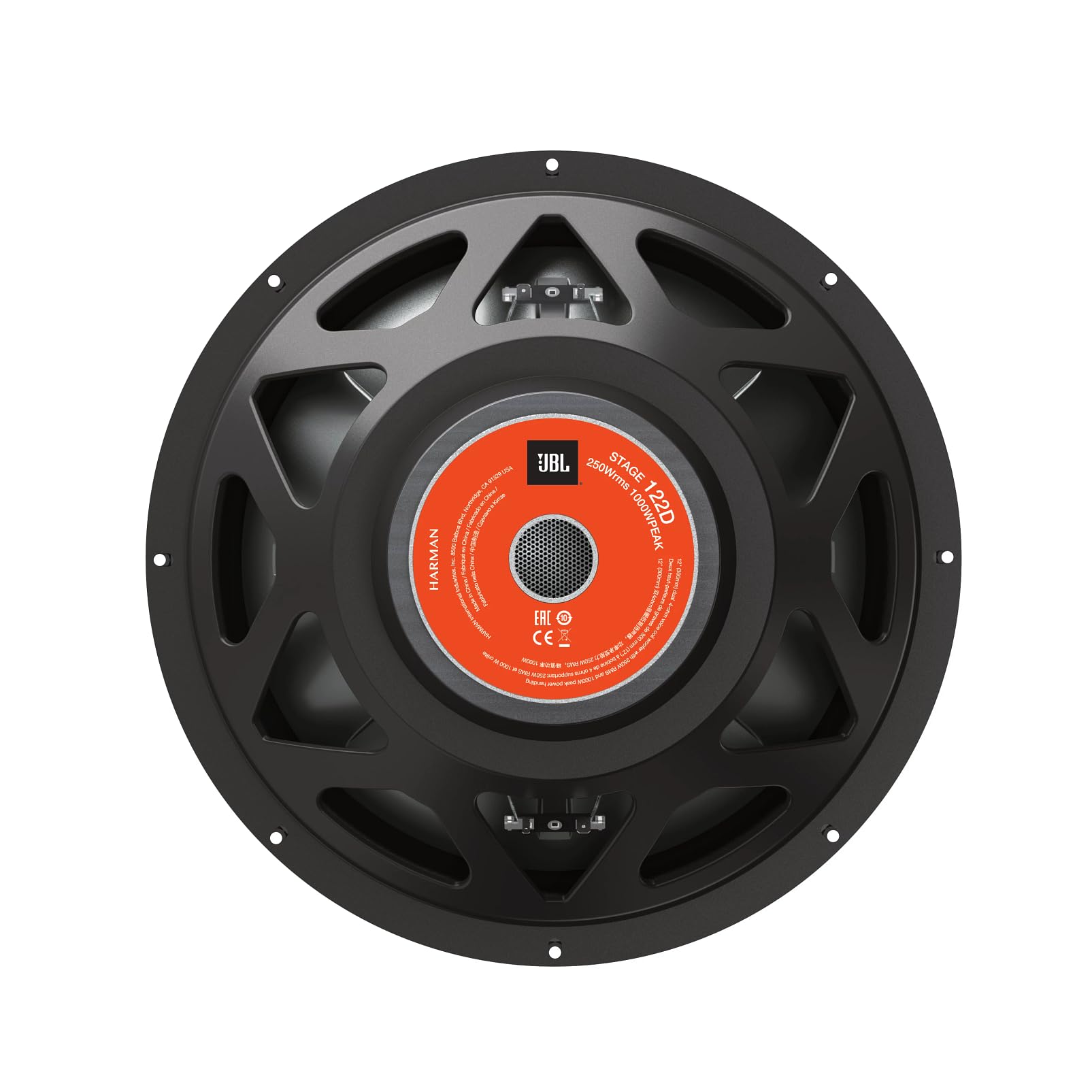 JBL Stage 122D subwoofer passivo 12 pollici (30 cm), doppia bobina 2 ohm, 250 W RMS / 1000 W picco, cono in polipropilene, cablaggio flessibile, bassi profondi, design compatto e resistente