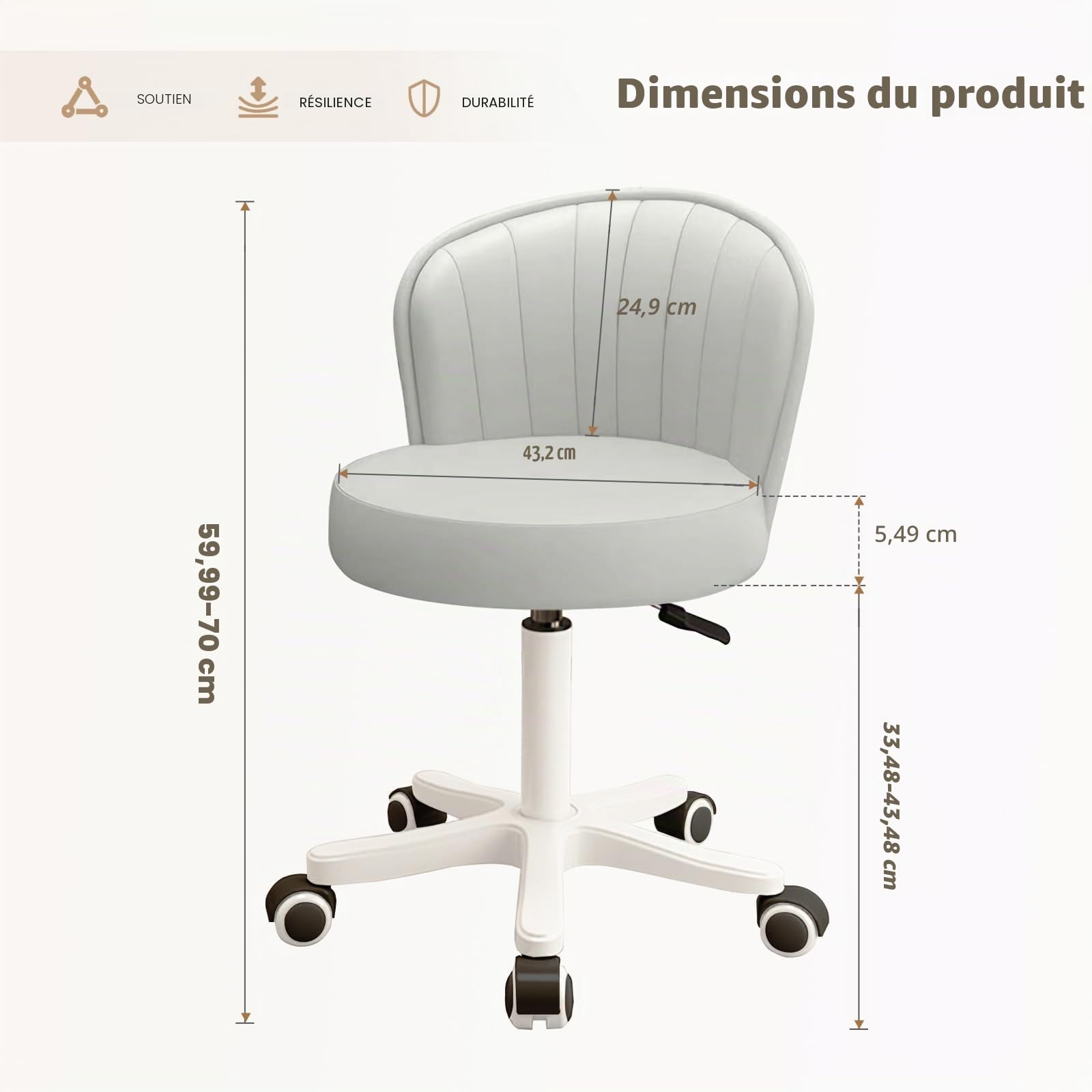 Petite Chaise de Bureau Ronde à roulettes sans accoudoirs Chaise d'ordinateur Confortable avec Dossier Bas en Cuir PU Hauteur réglable Chaise de Travail pivotante Spa