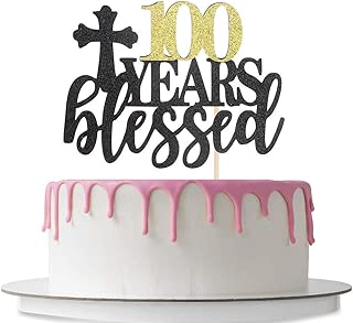 100 Years Blessed Cake Topper with Crucifix Happy 100th birthday Cake topper Company Anniversary 100th Birthday Party Decorations Loved Cake Topper Double Color Black and Gold - coolthings.us