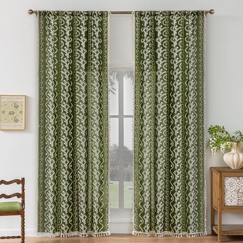 Image of Olive Green Floral Curtains 90 Inch Long for Living Room, Bedroom, 2 Panels Boho Farmhouse Vintage Tassel Semi Sheer Privacy Window Curtains Drapes with Rod Pocket