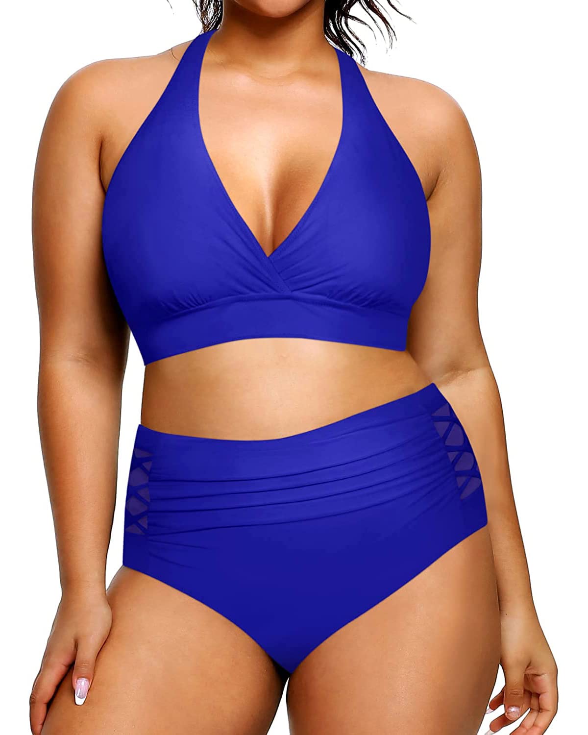 Yonique Womens Two Piece Plus Size Halter Bikini Swimsuits Tummy Control Bathing Suits High Waisted Swimwear Blue 16W