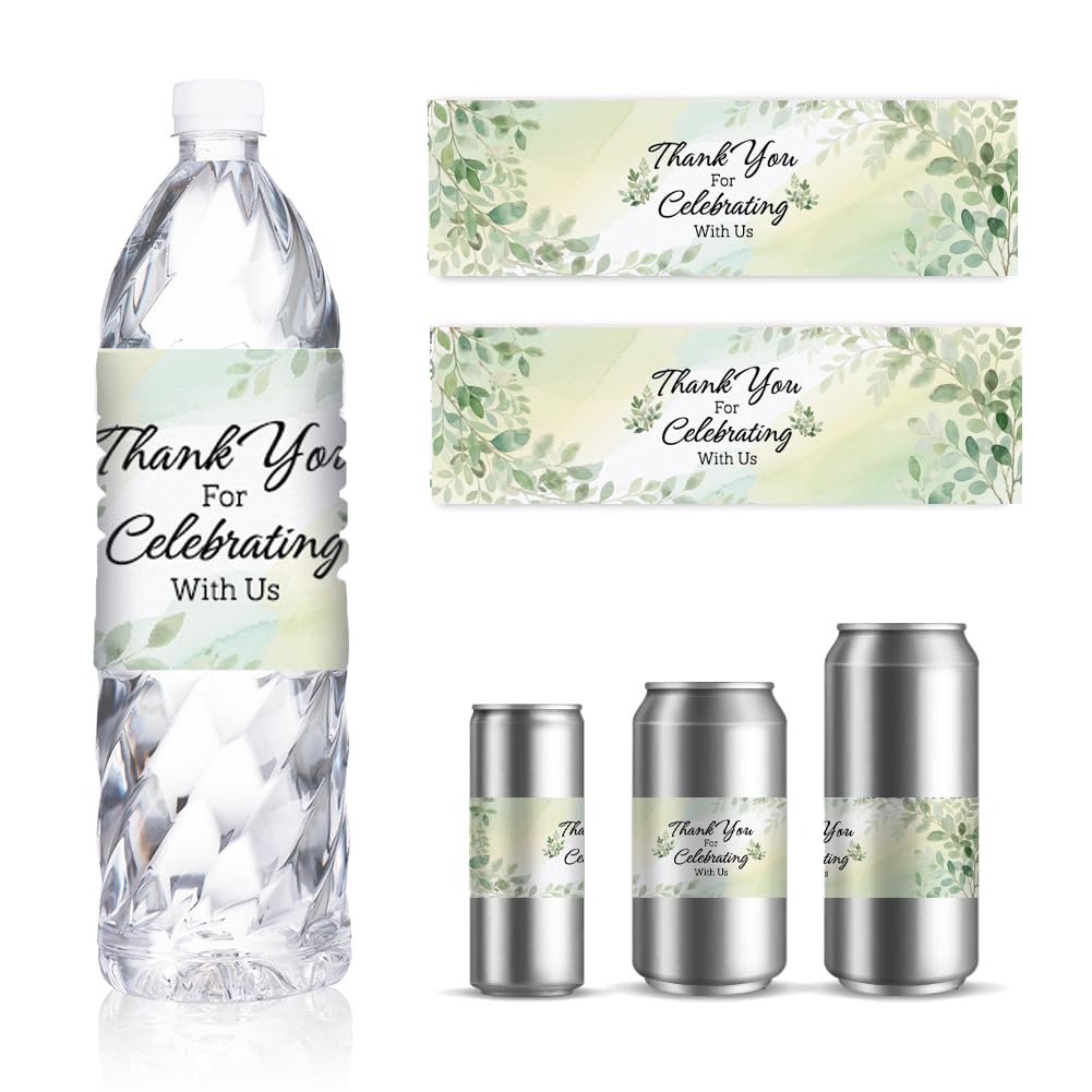 GOMAKERER 30 Sheets Water Bottle Labels, Greenery Leaf Drinking Water Container Labels Self-Adhesive Wraps Sticker for Wedding Bridal Birthday Party Favor, 21.6x6.4 CM