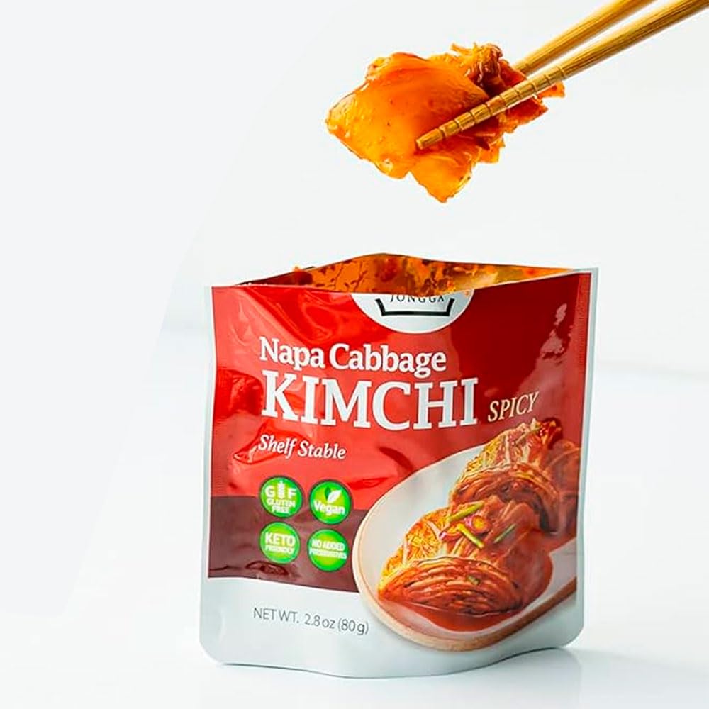 Kimchi coreano fermentado 80 g Pack 3 sobres Col china chile rojo Guarnición picante para ramen arroz noodles vegano sin gluten