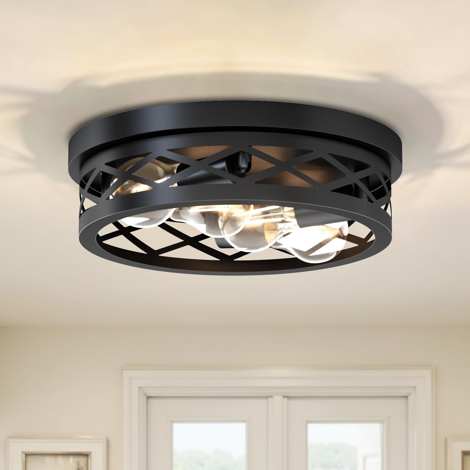 Lvwit 4 Way Round Ceiling Light Industrial Lights,Kitchen Lights Ceiling,Flush Mount Ceiling Light Fixture,4 Way Black Ceiling Lights Living Room With E27,Rustic Ceiling Lights For Hallway(No Bulb)