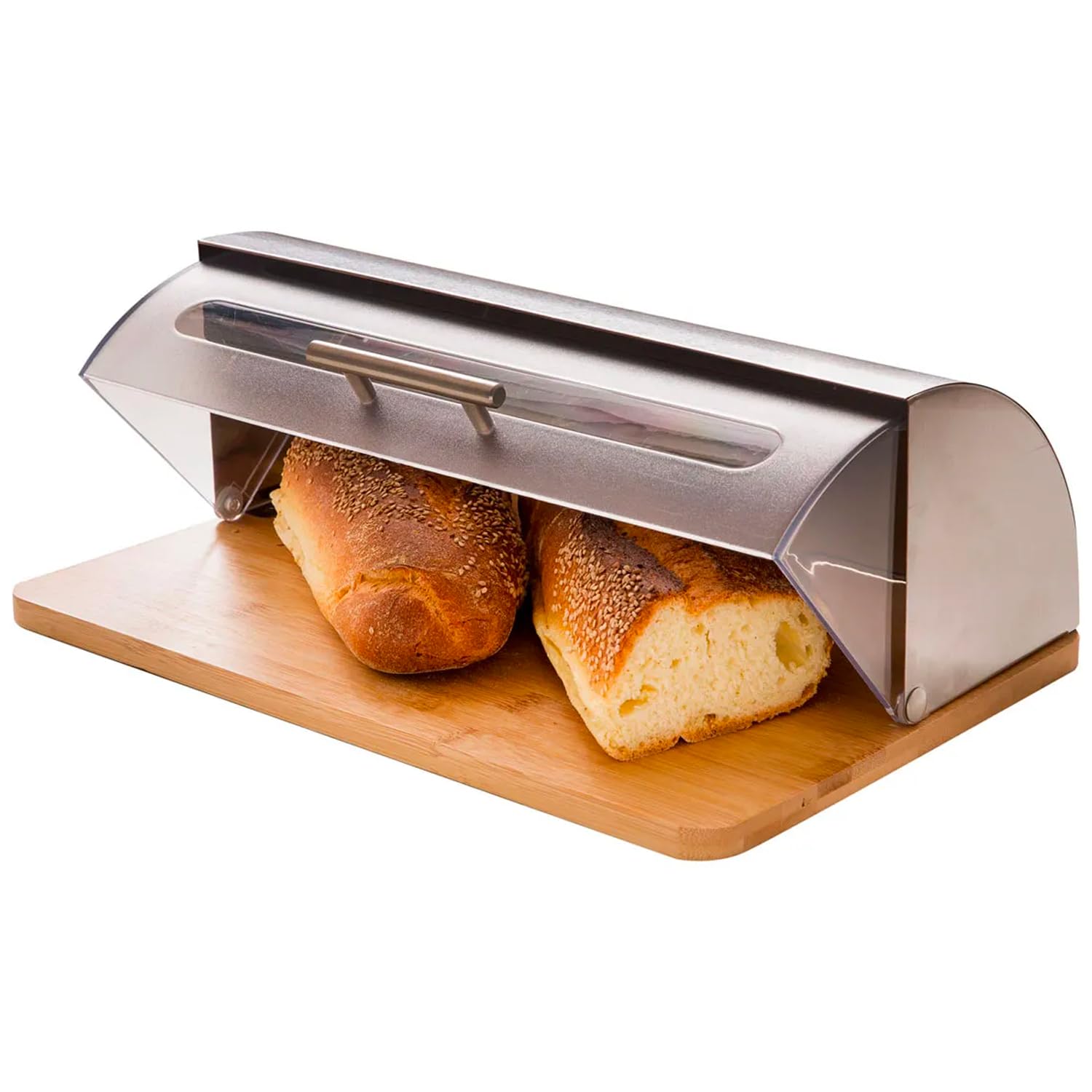 Avilia Portapane da Cucina Moderno con Coperchio Trasparente, Contenitore per il Pane in Acciaio e Bambù 39x14.5x28.5cm - Elegante e Durevole, Ideale per Conservare il Pane Fresco