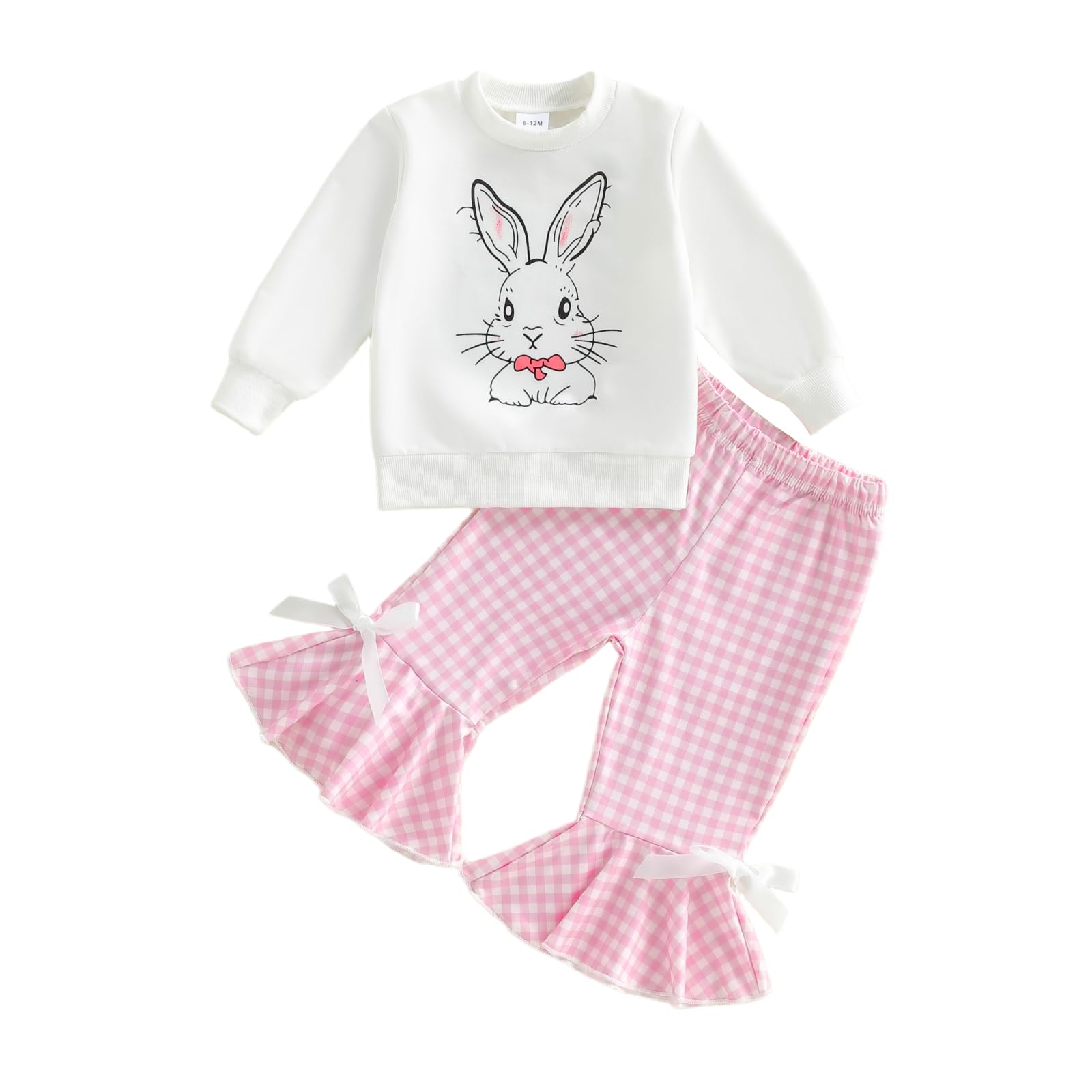 Toddler Baby Girl Easter Outfit Bunny Print Pullover Sweatshirt Plaid Bow Bell Bottom Pants 2Pcs Spring Clothes Set