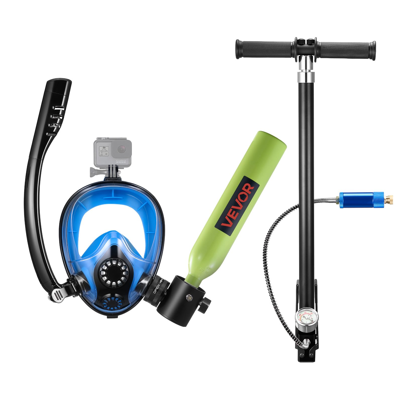 VEVOR Mini Bouteille de Plongée avec Masque sous-Marin, Bloc pour Plongée Portable 0,5 L, Réservoir pour Respiration sous-Marine, Réutilisable, jusqu'à 10 Minutes, avec Pompe pour Randonnée Palmée