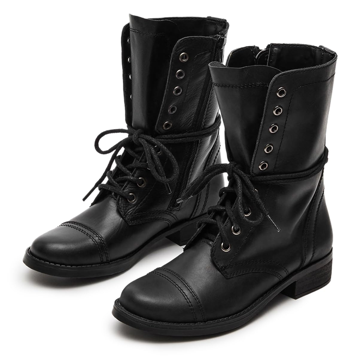 YDN Women Closed Round Toe Flats Combat Boots Lace Up Low Chunky Heels Mid Calf Booties Party Daily