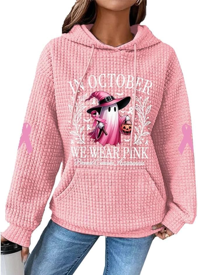In October We Wear Pink Sweatshirt, In October We Wear Pink Halloween Ghost Breast Cancer Awareness Waffle Sweatshirt