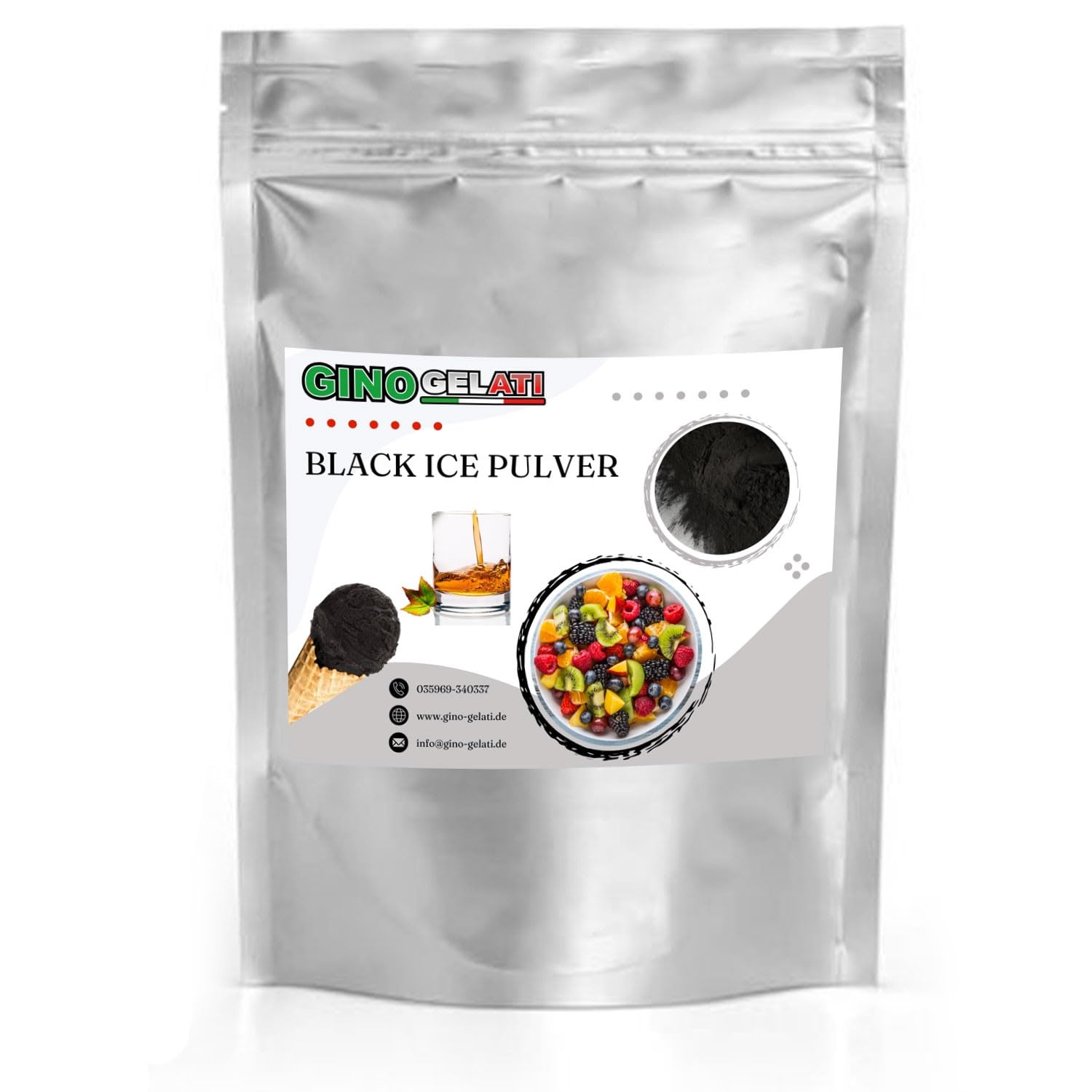 Gino Gelati Schwarzes Eis Pulver mit verschiedenen alkoholischen Geschmäckern, Speiseeis, vegan oder Low Carb, einfache Zubereitung, alkoholfrei, Made in Germany (1 Kg, Whiskey)