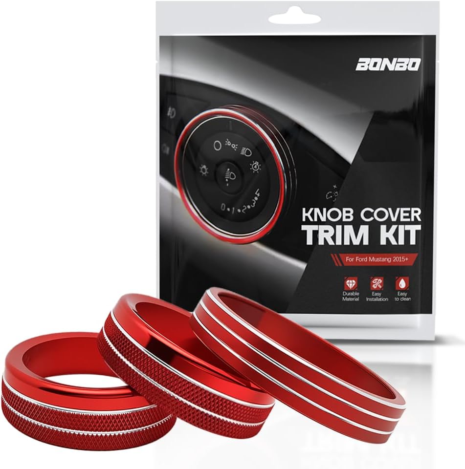 3-Pack Volume Tune Headlight Switch Knob Cover Trim Ring Kit Interior for Ford Mustang 2015-2023（Red）