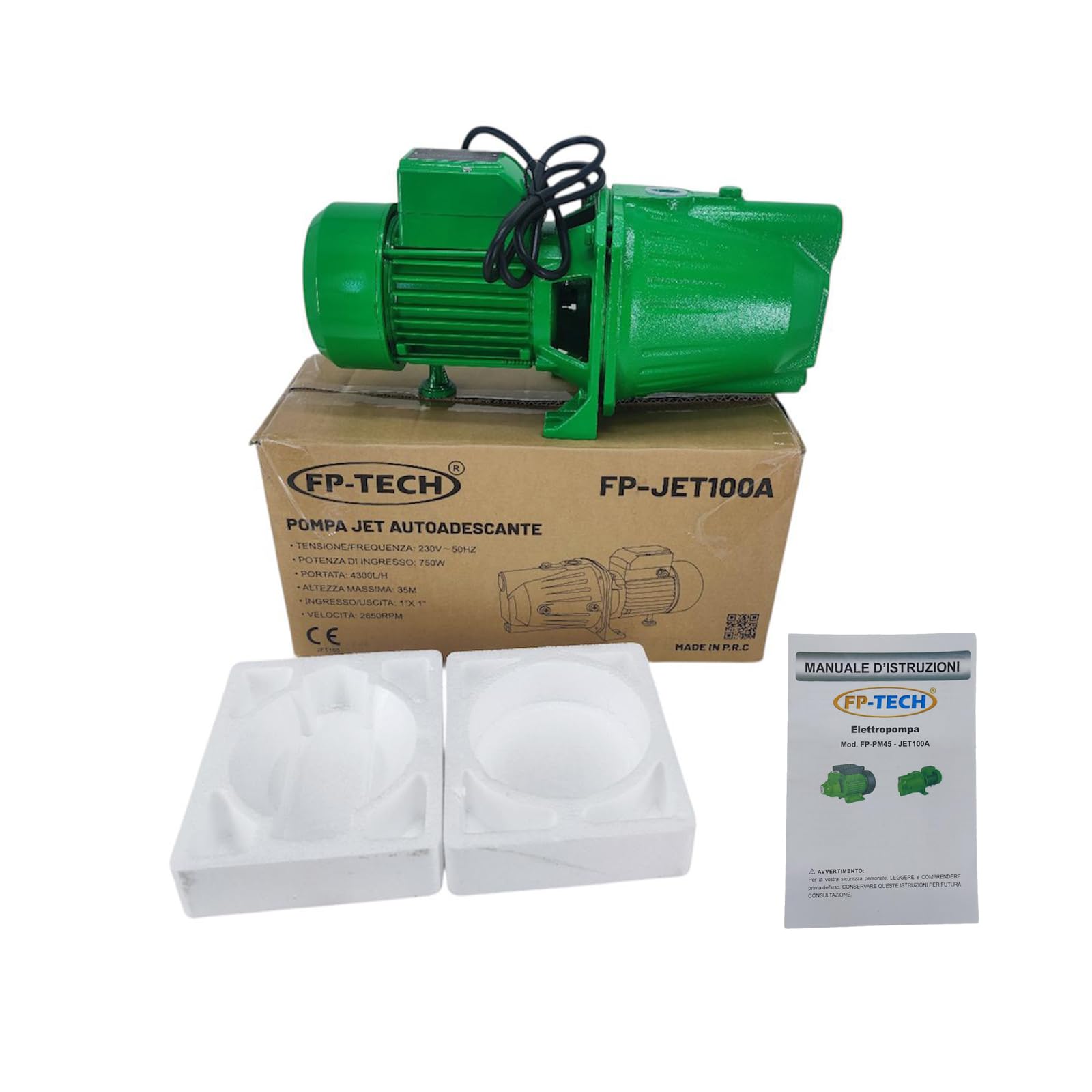 FP-TECH FP-JET100A 750W aluminiowa obudowa wirnika mosiężnego wirnika, moc tłoczenia 38 m, moc tłoczenia 38 m, ssanie 7 m, silnik jednofazowy 230 V, cicha i niezawodna