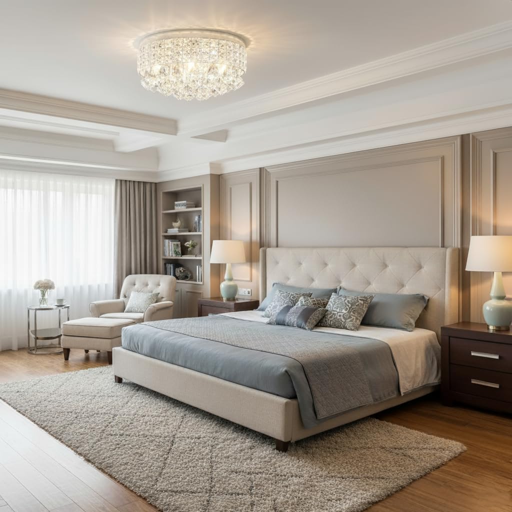 Maxax 4 Lights Crystal Chandelier, Modern Drum Ceiling Light Fixture Lamp, Raindrop Flush Mount Round Metal Shade, for Dining Room, Living Room, Bathroom, Bedroom, Chrome