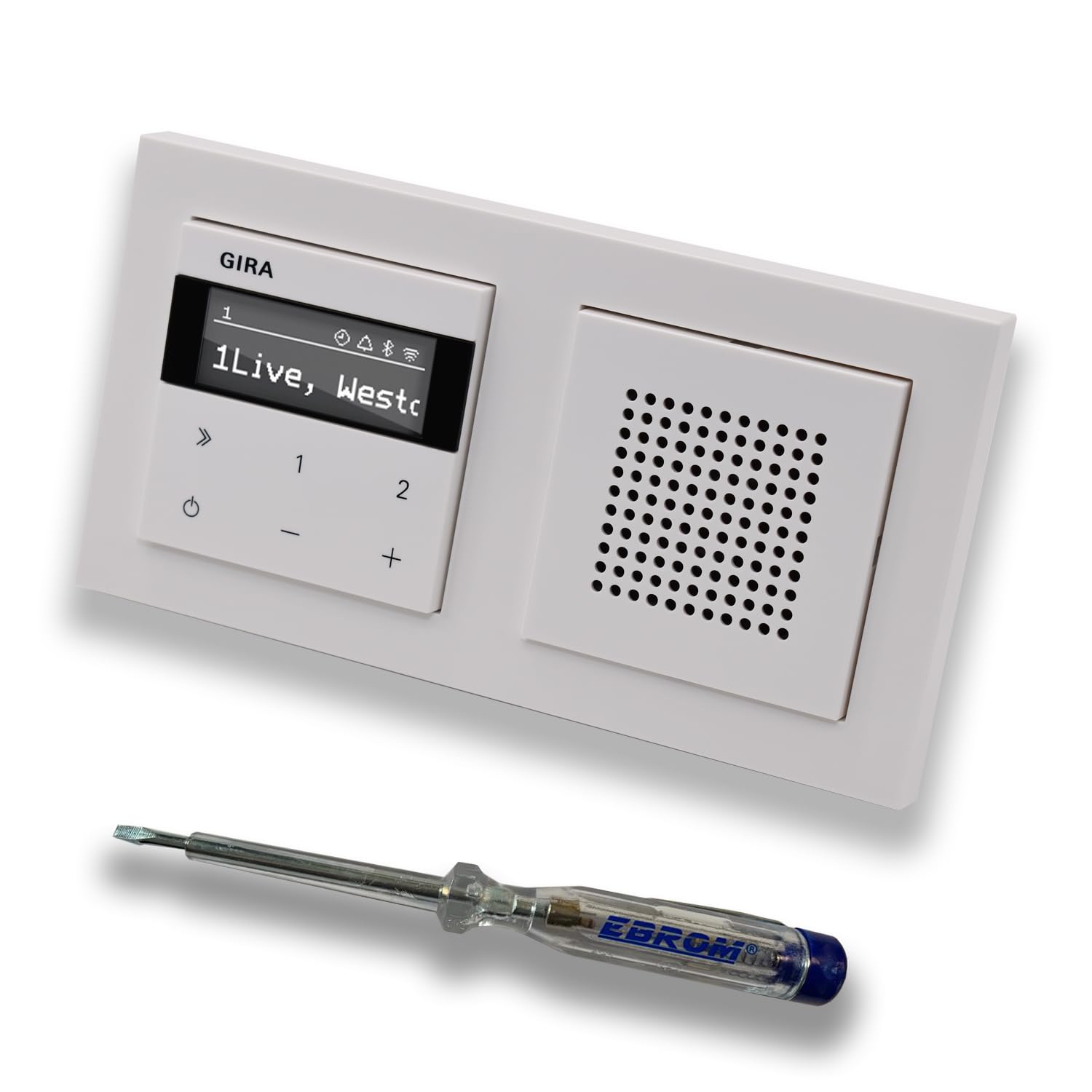 Gira Unterputz IP Internetradio 232003 + Bluetooth Komplett-Set mit Lautsprecher - E2 reinweiß glänzend mit 2fach Rahmen Gira 021229 inkl. EBROM Phasenprüfer zur Montage der Geräte