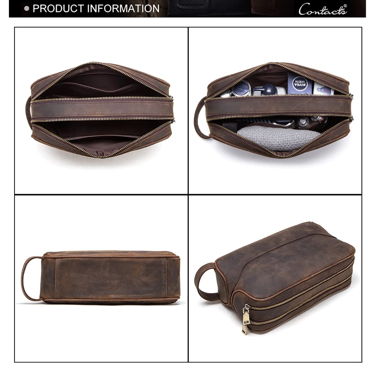 Contactos Hombre Bolsa de Aseo de Negocios de Viaje de Cuero de Vaca con Gran Capacidad Doble Cremallera, 5#café, Taille Unique, Bolsa de Aseo