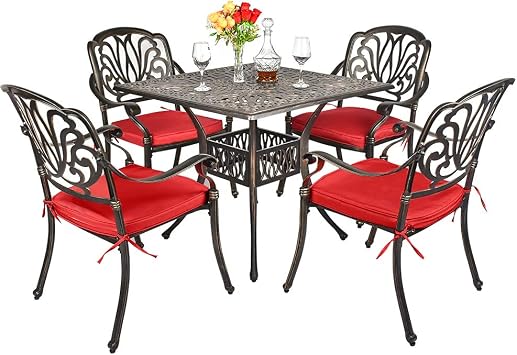 TITIMO 5-Piece Outdoor Patio Dining Set,Cast Aluminum Furniture Patio Conversation Set All-Weather Includes Square Table with Umbrella Hole for Patio Garden Deck, Flower Design Red