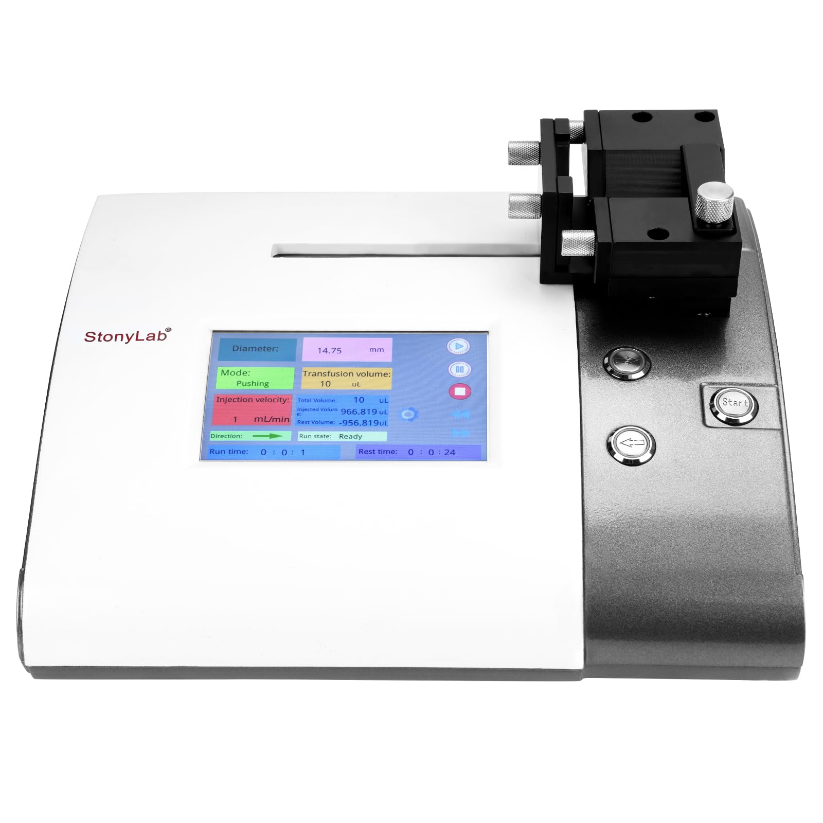 stonylab Einkanal-Spritzenpumpe, 0,5 nl/min - 388,86 ml/min, 5 μl - 150 ml Spritzen, Touchscreen, Fixe/Benutzerdef. Dia-Eingabe, RS232/485, für Lab-Flüssigkeitshandhabung