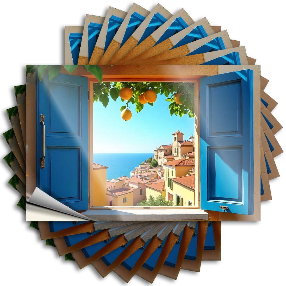 Teen Bumper Lettering Sticker - A Picturesque View of A Coastal Town with Vibrant Orange Buildings Retro Durable Sticker Easy Apply for Autumn Decor(8X12CM)