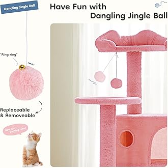 DUMOS 54-inch Indoor Cat Tree Tower –Multi-Level Pet House for Large Cats with 2 Condos, Scratching Posts, Round Platform, Small Ladder, and Toys, Pink