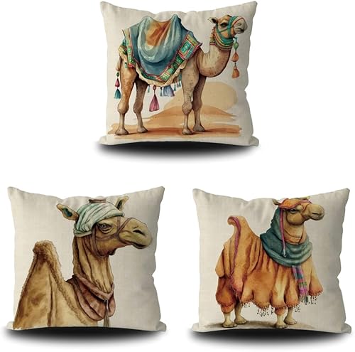 Set of 3 Camel Throw Pillow Covers 20x20 Inch Double Sides Print Exotic Camel with Middle Eastern Robe Turban Home Decor Pillowcase Square Cushion