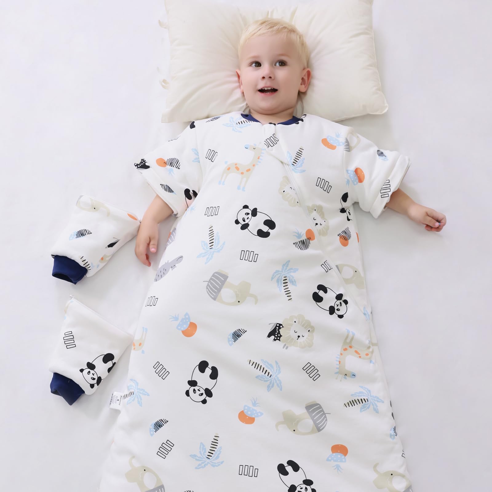 MIKAFEN Sacco nanna invernale per bambini 3,5 tog con maniche rimovibili, 100% cotone sacco a pelo con braccia,Leone e Panda 24-36 mesi