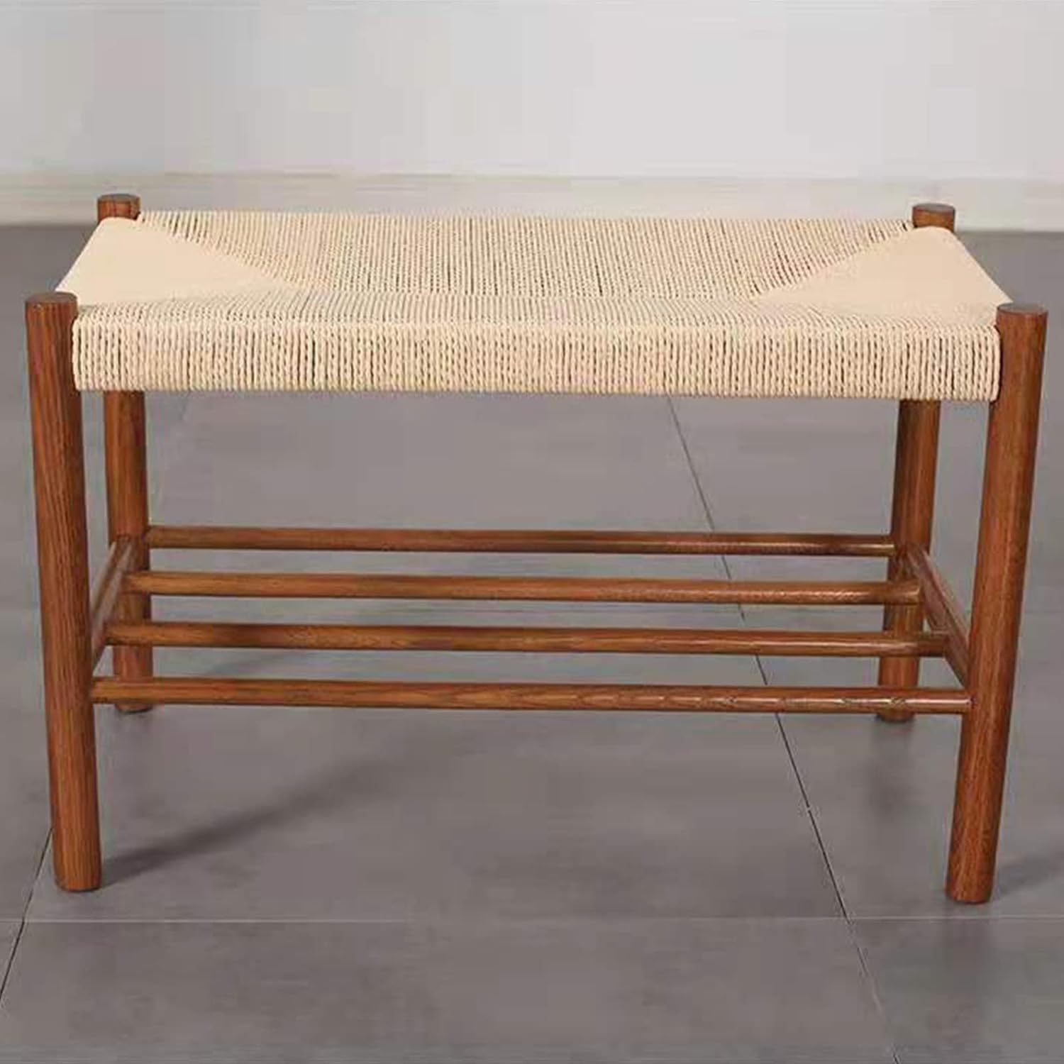 Banc en chêne naturel de style ferme moderne avec assise tissée main