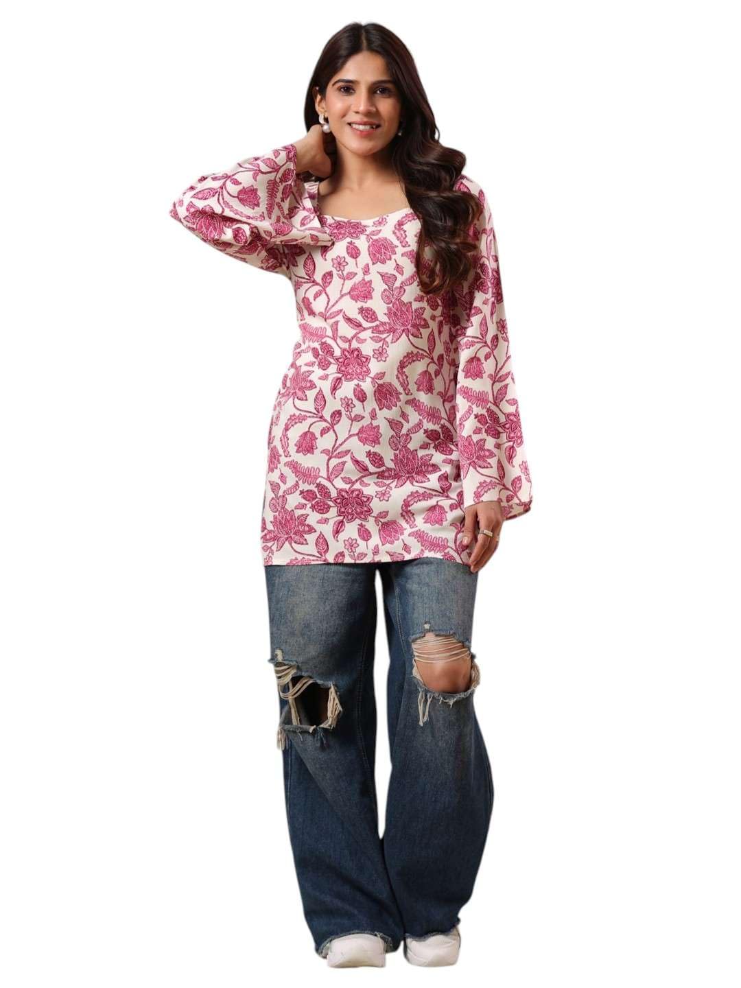 rimeline Women Floral Printed Cotton Tunic Top | Stylish Square Neck Casual Top for Women | Soft Breathable Fabric | Elegant Western Top-picture-51