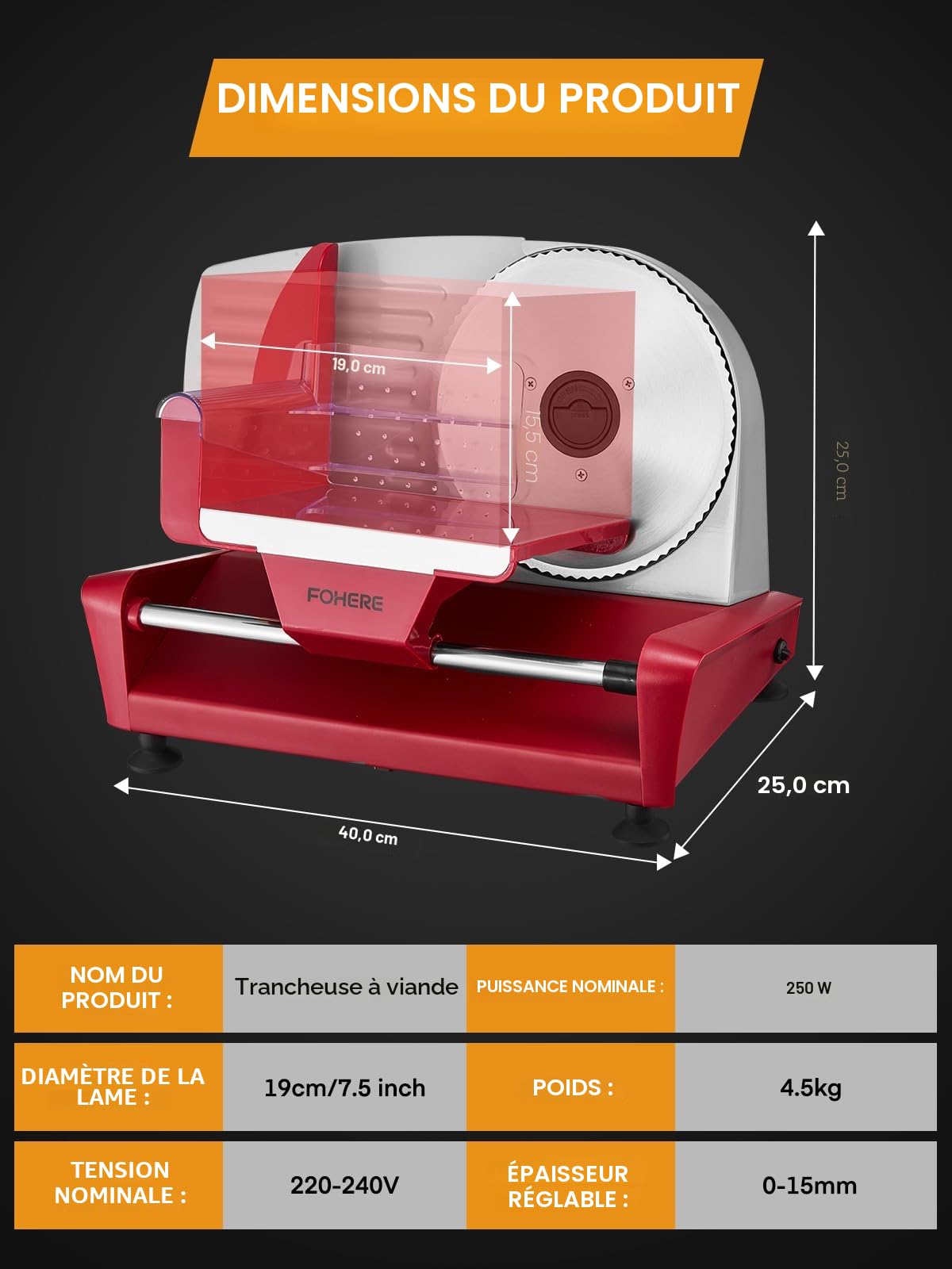 Trancheuse Électrique 250W Acier Inoxydable 19cm Lames Amovibles Épaisseur Réglable 0-15mm