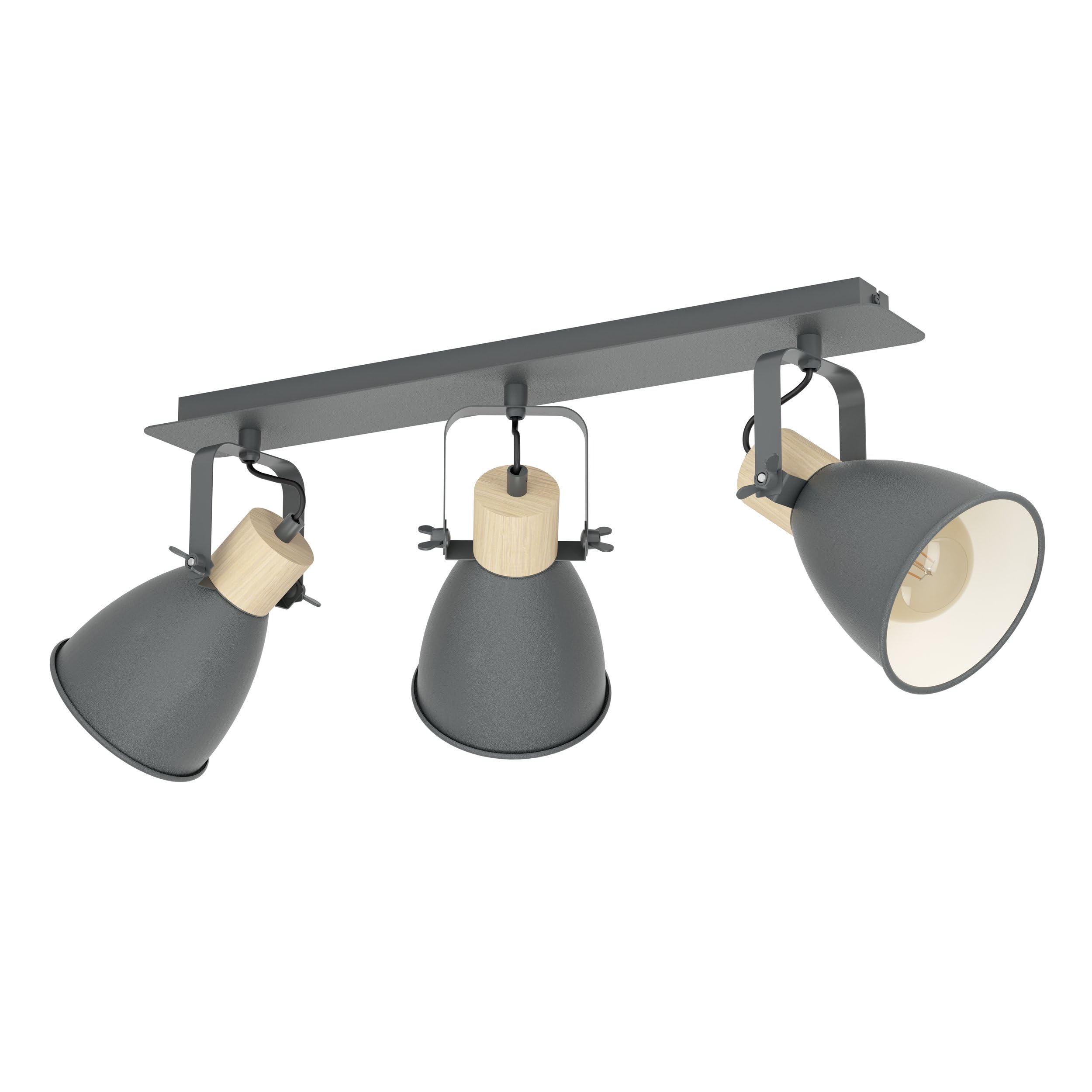 Eglo Coswarth Ceiling Light Fitting, Vintage Ceiling lamp with 3 Spots, Industrial Spotlight bar, Steel in Anthracite and Cream-White, Natural Wood, E27 Socket, FSC Certified