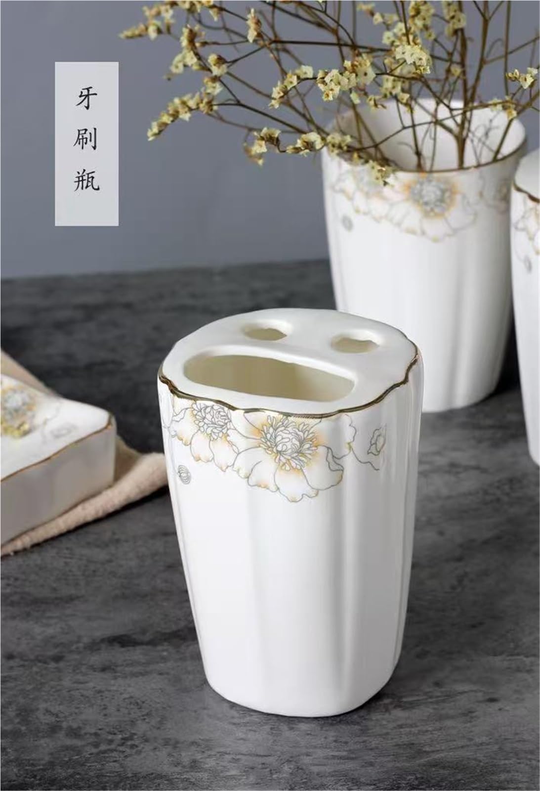 Badezimmerzubehör-Set aus Keramik, Relief-Design, europäischer Stil, 5-teilig, inklusive Seifenspender, Zahnbürstenhalter, Geschirrhalter, Spülbecher – moderne Waschsuite