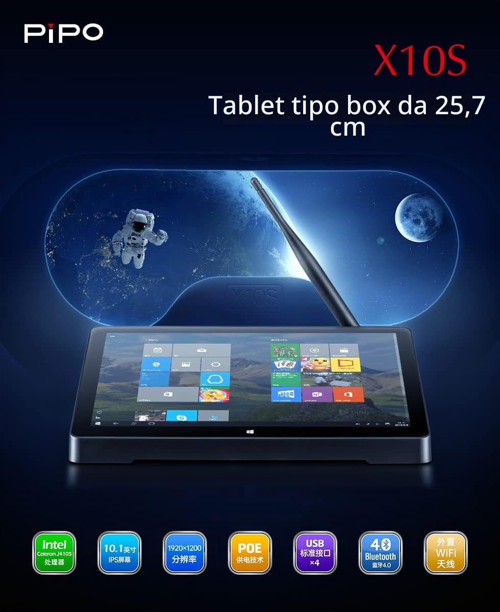 PIPO X10s - Tablet PC con Windows 10, 10.1" Full HD, Celeron J4125, RAM 6 GB DDR4, Memoria 64 GB, Wi-Fi AC Dual Band, PoE (Power over Ethernet), Bluetooth 4.0, USB 3.0, HDMI, Batteria 10.000 mAh