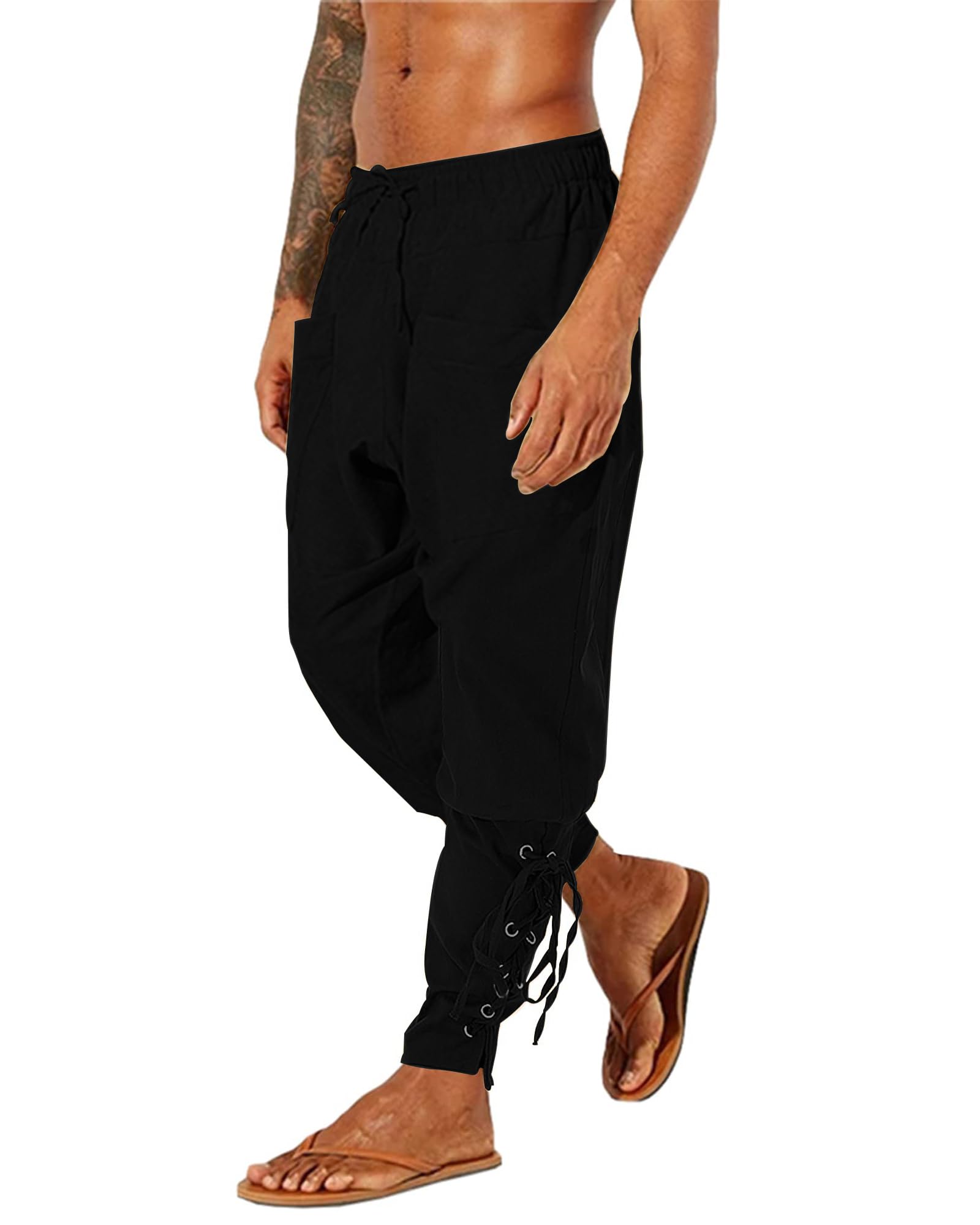 LVCBL Pantalones medievales para hombre, de lino, retro, piratas, con cordones, para el tiempo libre