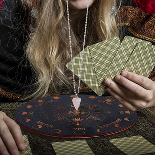 Miniatura 7 de INFUNLY Tablero de péndulo de madera con collar de péndulo de 10 x 10 pulgadas, tablero de péndulo de divinación para radiestesia, tablero de