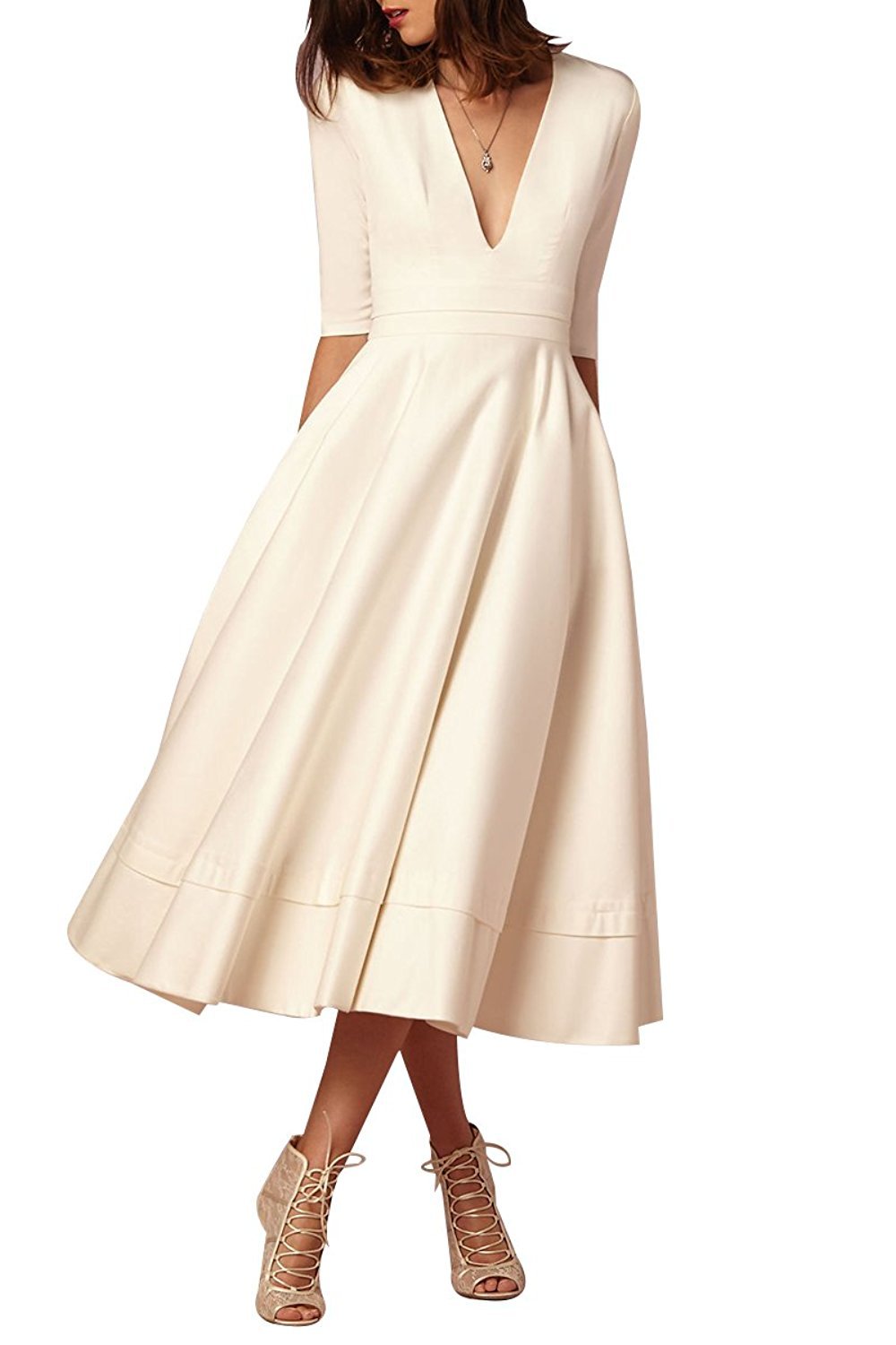 Minetom Mujer Vintage Vestidos Elegante Manga 1/2 Cuello en V Profundo Color Puro Vestir de Cóctel Fiesta Noche Midi Swing Dress