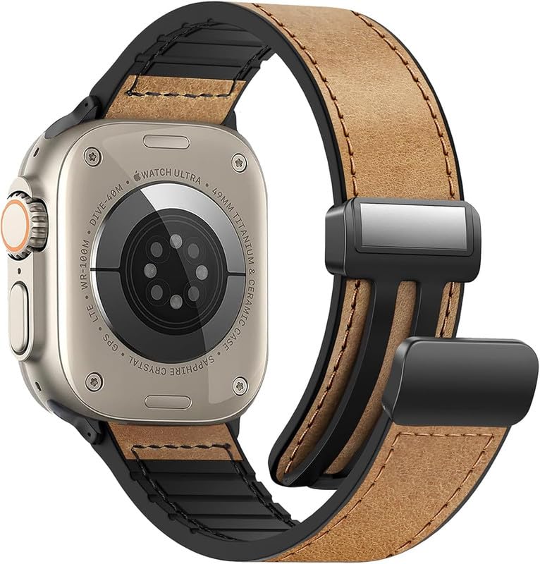 Image of Magnetic Leather Bands Compatible with Apple Watch 49mm 46mm 45mm 44mm 42mm | Genuine Leather with Magnetic Buckle for iWatch Ultra 2 Ultra SE Series 10 9 8 7 5 4 3