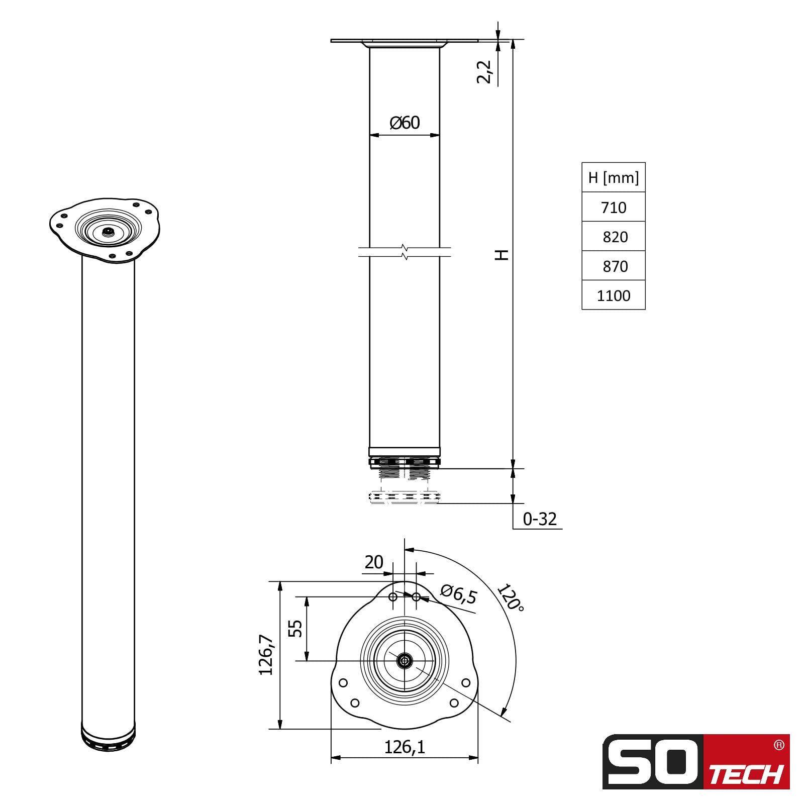 SOTECH Set da 4 x Gambe da Tavolo/Altezza 710 mm/Altezza Regolabile/Ø 60 mm/NERO/Portata fino a 75Kg per