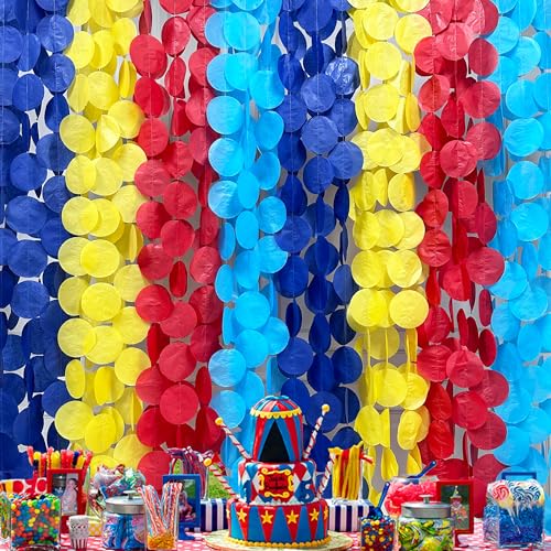 Image of 205Ft Red Blue Yellow Party Decorations Big Polka Dot Tissue Paper Backdrop Streamer Colorful Circle Dots Hanging Garland for Carnival Circus Clown Fiesta Festivals Birthday Party Supplies