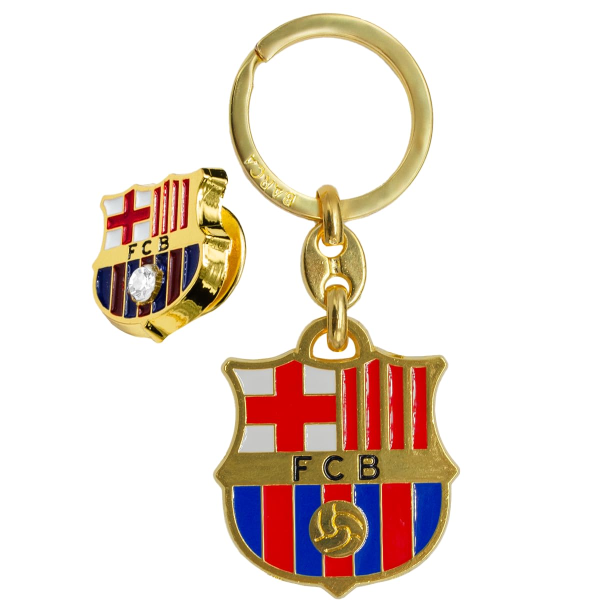 ms móvil shop Llavero Oficial Barcelona FC con Pin Extra con Circonita | Escudo Metálico Dorado | Tamaño 90 mm | Accesorio Resistente para Llaves y Mochila | Regalo para Aficionados