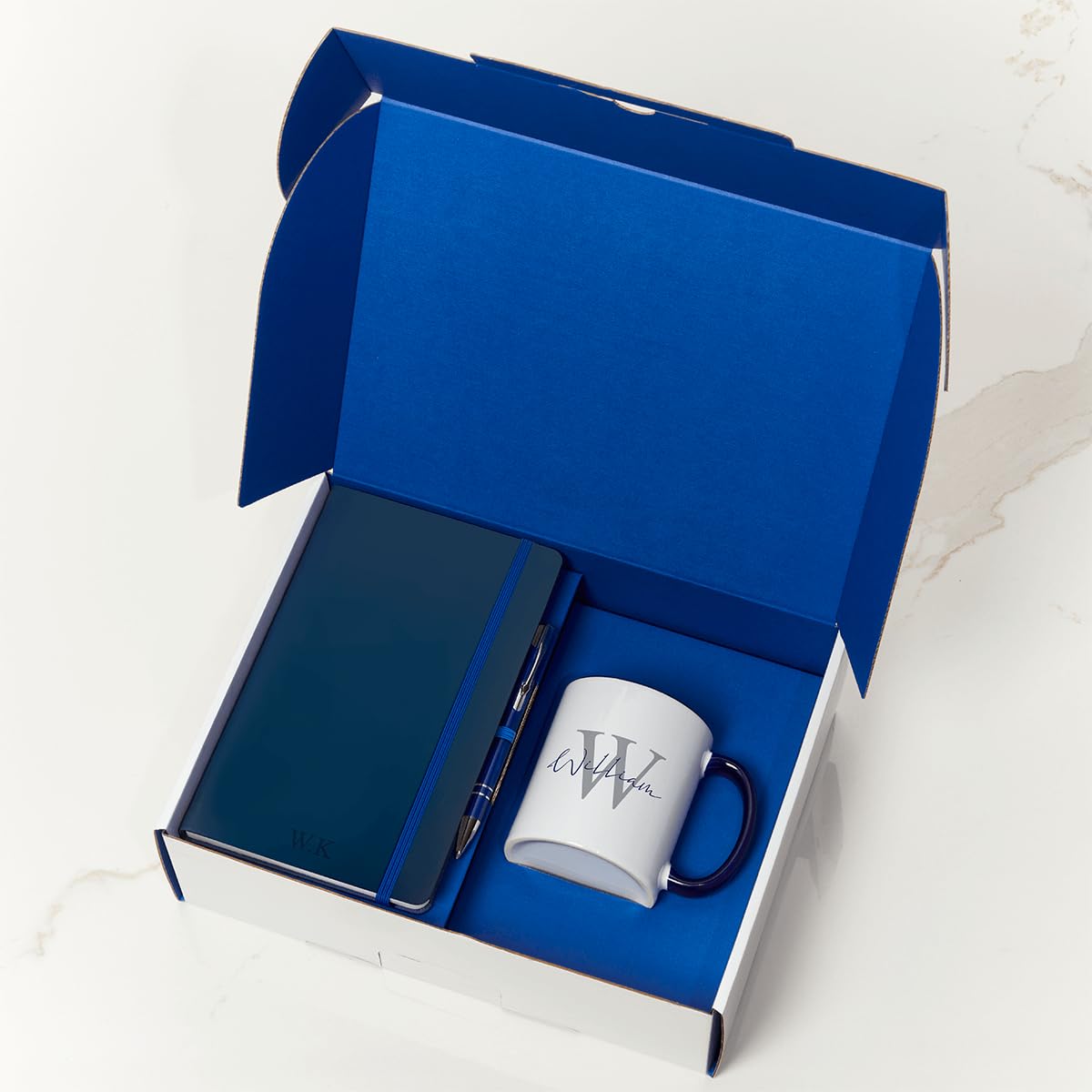 3P DIRECT Personalised Corporate Gift Set Box - Custom Notebook, Pen & Initial Mug Gift Set Graduate Gifts Gifting for Employees Business - Corporate Christmas Xmas Presents for Staff (Navy)